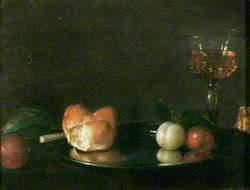 Still Life with a Loaf of Bread, Wine and Plums