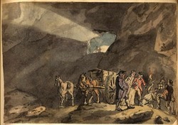Men with horse and wagon in a cavern