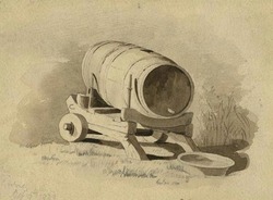 A barrel on a wheelbarrow