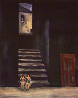 Two Girls Sitting at the Foot of a Flight of Stairs