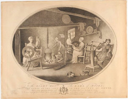 Plate, taken on the spot in the County of Downe, representing spinning, reeling with the clock reel, and boiling the yarn.