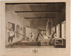 Perspective view of a lapping room, with the measuring, crisping or folding the cloth in lengths, picking the laps or lengths, typing in the clips, acting by the mechanic power of the laver (lever) to press the cloth.