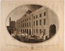Perspective view of the Linen Hall in Dublin, with the boxs and bales of linen ready for exportation, the emblems of their industry.