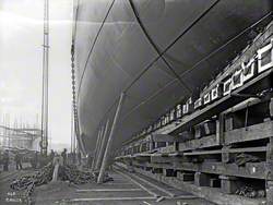 Underside of hull prior to launch, showing cradle and drag chains