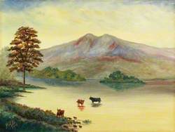 Capriccio Landscape with Highland Cattle in a Lake