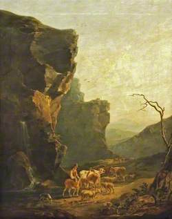 Mountainous Landscape with Herdsman on a Donkey Driving Cattle