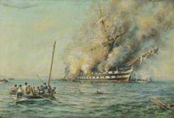 HMS 'Bombay' on Fire off Montevideo, Uruguay, 14 December 1864 (after Beechey)