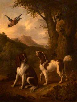 Two Spaniels and a Jay in a Landscape