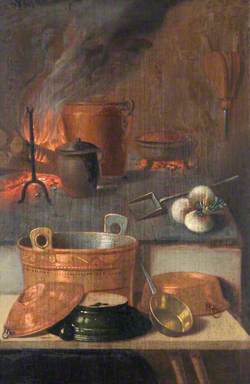 Kitchen Still Life with Pots and Pans and a Roaring Fire