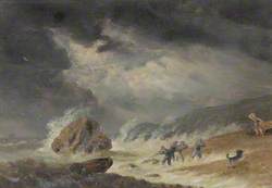 Men Hauling in a Boat on a Beach in Stormy Weather