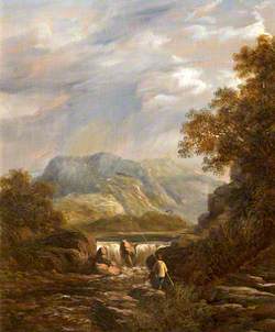 A Mountainous Wooded River Landscape with an Angler