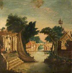 River Scene with a Temple, Houses and Bridge