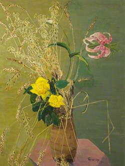 Still Life of Yellow Roses, a Lily and Grasses in a Vase
