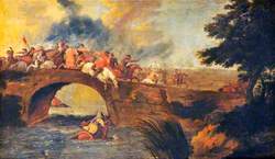 One of Four Battle Scenes: A Cavalry Engagement on a Bridge