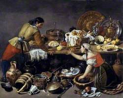 Two Figures at a Table with Kitchen Utensils
