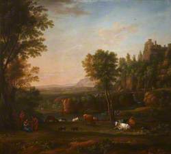 A Wooded River Landscape with a Piping Shepherdess, Cattle and Goats
