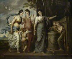 Allegorical Scene with Juliana, Countess of Carrick (1727/8–1804), as Wisdom Directing Her Younger Daughters, Lady Henrietta Butler (1750–1785), Later Viscountess Mountgarret, and Lady Margaret Butler/Lowry-Corry (1748–1775), as Beauty and Virtue, to the Altar of Diana