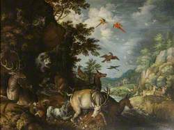 Rocky Landscape with Mastiffs Attacking Stags, and Hinds Fleeing Hunters