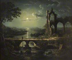 Moonlit River Scene with a Ruined Gothic Church, and a Stone Bridge with an Angler