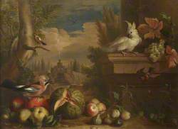 Birds and Fruit in a Landscape with a Fountain in the Background