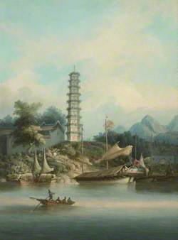 Chinese Scene with Pagoda and Boats
