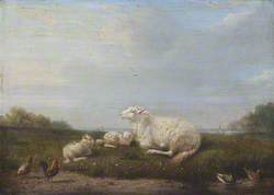 A Ewe and Two Lambs with Poultry in a Landscape