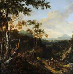 A Wooded Landscape with Peasants and Donkeys on a Path