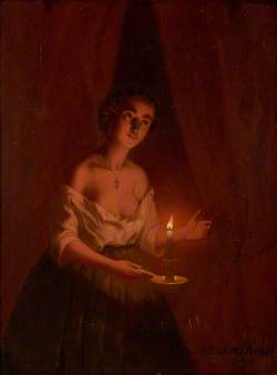 A Young Lady Holding a Lighted Candle in a Chamber Candlestick