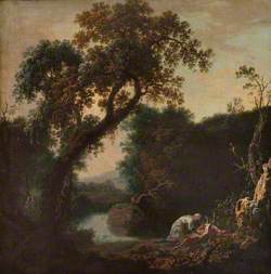 A River Landscape, with a Man Observed Gralloching a Deer