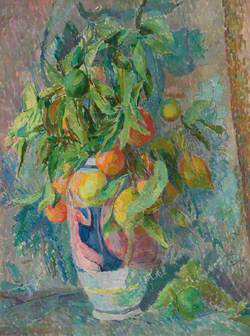 Still Life of Fruit and Leaves in a Coloured Vase