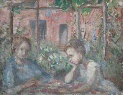A Girl and a Boy at a Table under a Pergola