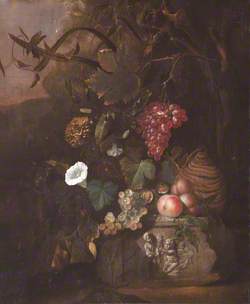 Still Life of Fruit and Flowers in a Landscape, with a Carafe on a Stone Plinth
