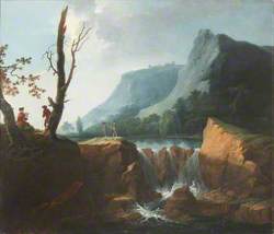 Mountainous River Landscape with Elegant Figures by a Waterfall