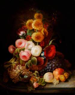 Still Life of Mixed Flowers in a Vase, with Fruit, Insects and a Bird's Nest with Eggs