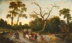 A Wooded Landscape with Armed Men Attacking a Wagon Party