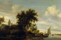 A River Scene with a Ferry Boat