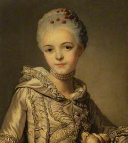 Portrait of a Lady in a Grey Dress with a Dog