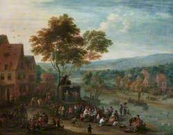 An Extensive River Landscape with Travelling Theatrical Troupe