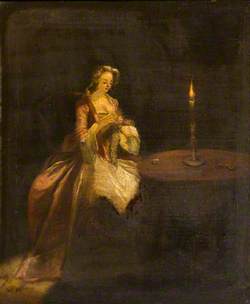 A Lady Seated Wearing a Red Dress and Crocheting by Candlelight