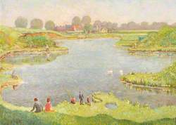 Lake Scene with Fishermen and Swans
