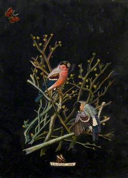 Mirror Painted with Two Birds on Branches