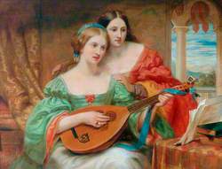 Two Women in Renaissance Dress, One Playing a Lute