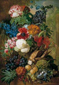 Still Life of Fruit and Flowers with Bird's Nest on a Marble Ledge