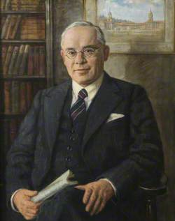 The Right Honourable Jan Hendrik Hofmeyer, PC (Rhodes Scholar 1913–1916), with a picture of the Union Buildings, Pretoria, behind him