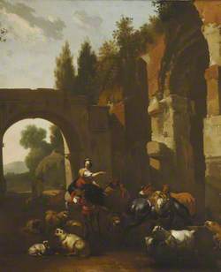 Peasants with Sheep and Cattle by a Ruin