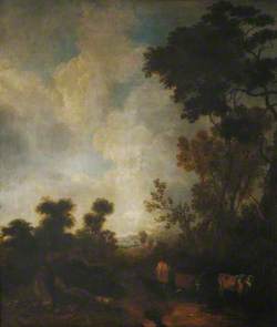 Wooded Landscape with Attending Cattle in the Foreground