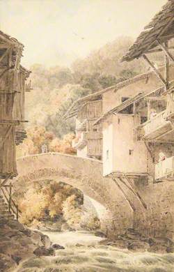 A Swiss River Landscape with a Bridge and Buildings