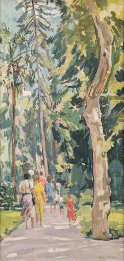Figures Walking Down a Wooded Path