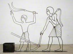 Egyptian Agriculture: Egyptian Man with Whip, Supporting Ox Plough and a Boy Holding a Whip