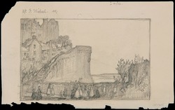 Depictions of a Distant View of the Town and Cathedral of Coutances from the North West and the Ramparts of Mont St Michel, France